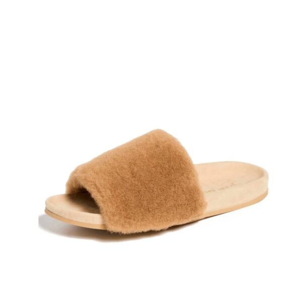 Jenni Kayne Shearling Slide Sandals Womens 39 9 Tan Brown Suede Open Toe Mules - Picture 1 of 13